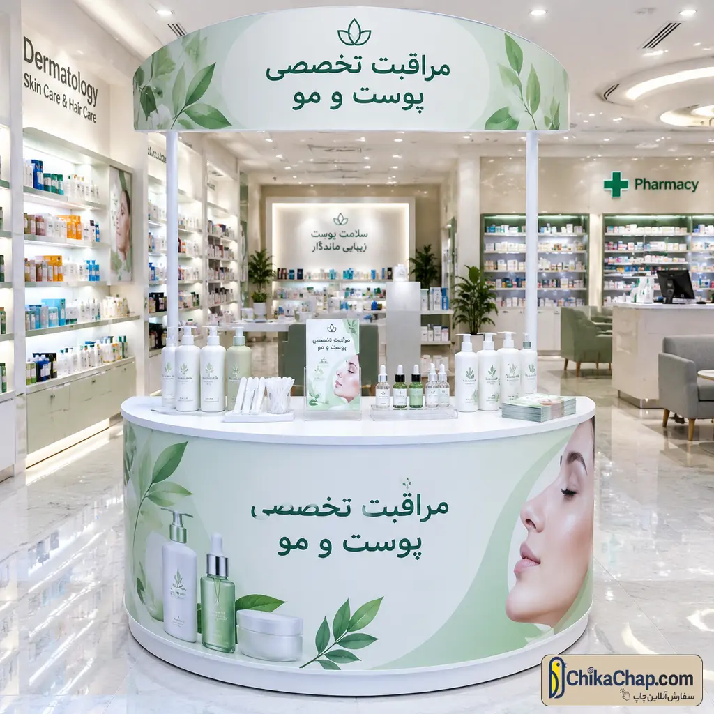 میز تست اسپری و محصولات آرایشی بهداشتی در داروخانه با صفحه ضدلک و آنتی باکتریال
